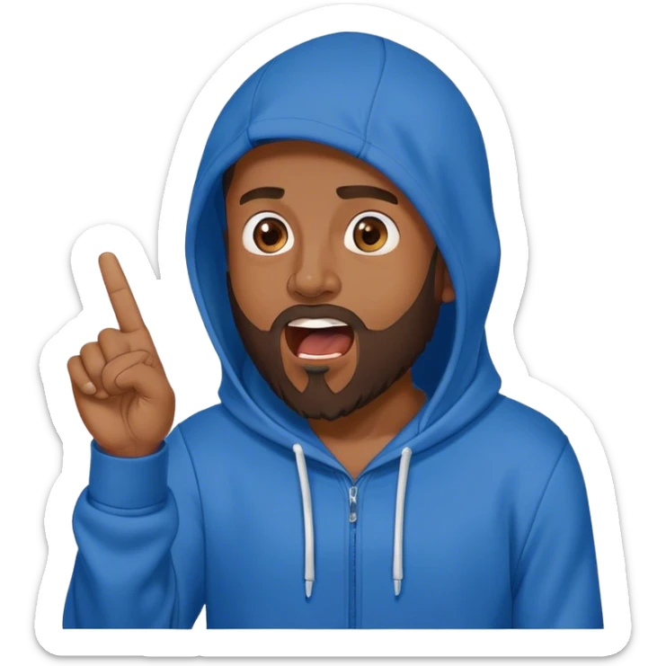 Amad Sandler with a beard in a blue hoodie, the hood on, screaming with the right arm up index finger pointing up sticker