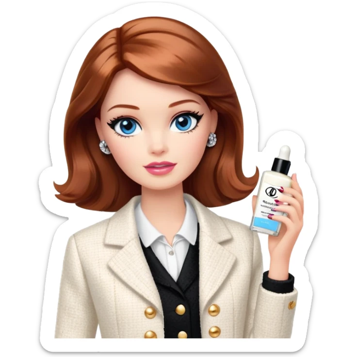 A Barbie girl with blue eyes, shoulder-length reddish-brown hair with makeup, wearing a white tweed jacket and a black skirt, holds chanel cream in her hand sticker