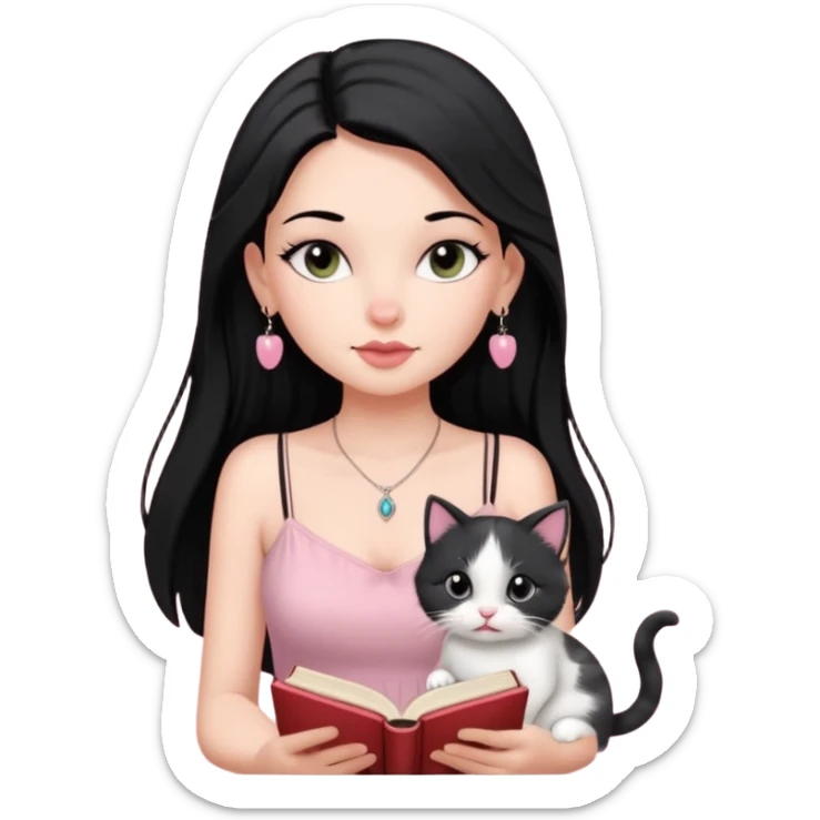Menina branca ,cabelos cor preta longos, olhos cor preta puxados para cima. Cílios longos, lábios grossos ,nariz pequeno ,vestido rosa claro de alça. Colar e brinco bem pequeno. Lendo um livro com gatinho preto e branco. sticker