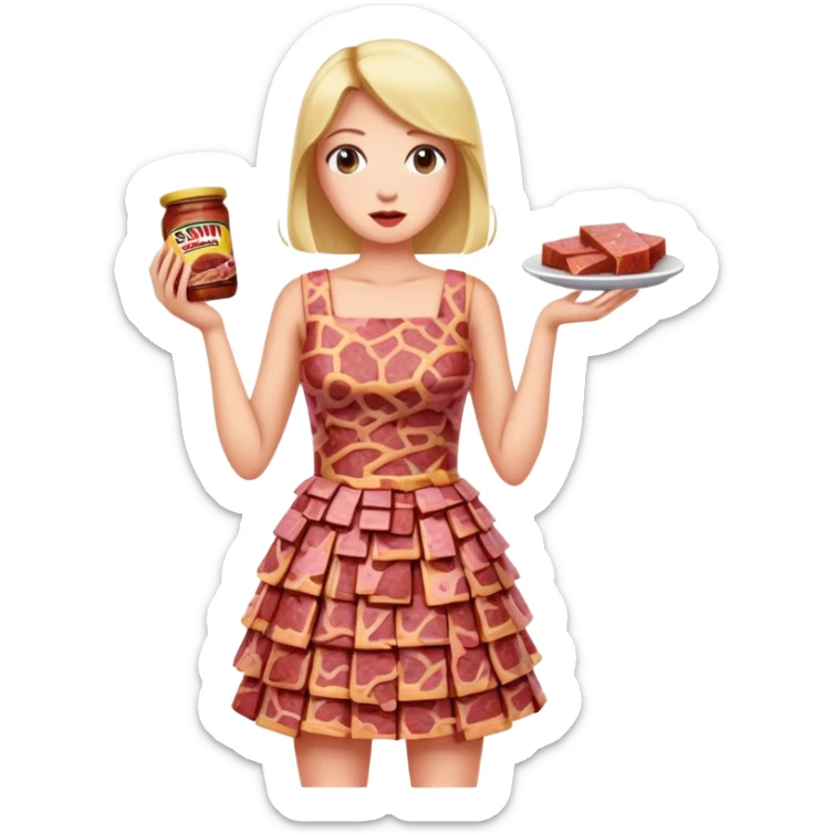 pop art woman in SPAM MEAT dress eating spam sticker