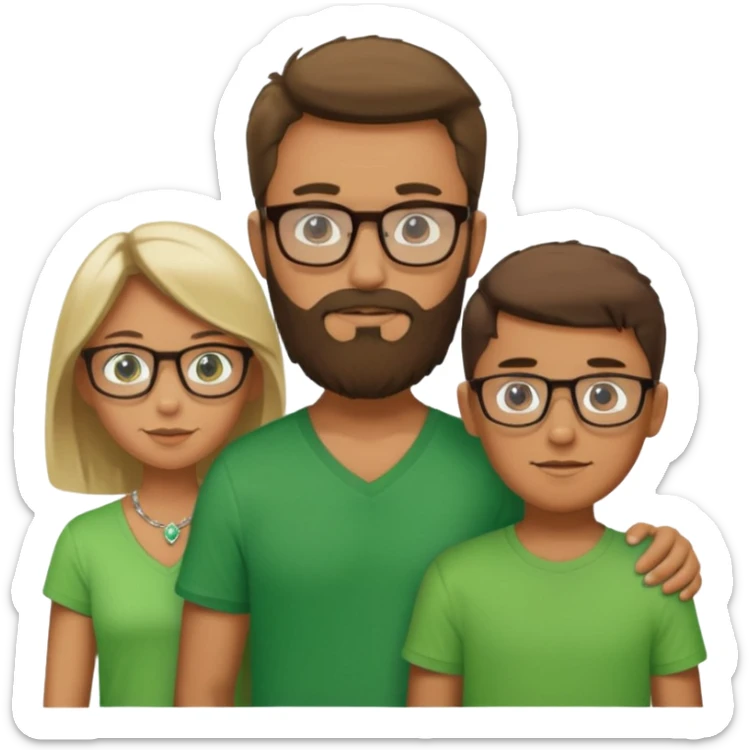 A family consisting of a man who's bearded, tanned, wearing glasses, a woman, slightly tanned, and a 14 year old teenage boy, slightly tanned, wearing a green t-shirt sticker