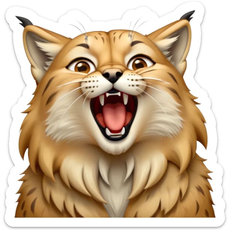 Cinematic-detailed-Yawning-Lynx-Portrait-Emoji – Head tilted slightly with a dramatic, wide-open yawn, revealing a sleek golden-brown fur coat with subtle spots, signature black ear tufts standing tall, round amber eyes barely open in drowsy contentment zoomed out to show the shoulders sticker