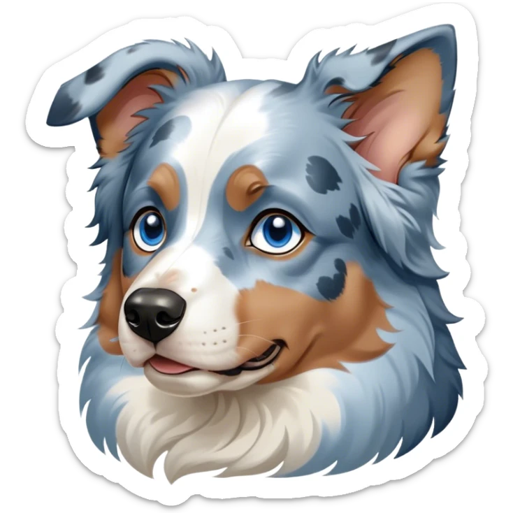 Cinematic Noble Tan Point Blue Merle Australian Shepherd Portrait Emoji, Poised and regal, with a strong, agile build and a striking coat featuring a blue merle base with bold tan points and crisp white accents, piercing blue eyes, Simplified yet sharp and sophisticated features, highly detailed, glowing with a soft, dignified glow, high shine, intelligent and loyal, stylized with an air of strength, focused and attentive, soft glowing outline, capturing the essence of a watchful and confident herder, so majestic it feels as though it could step out of the screen with effortless authority! sticker