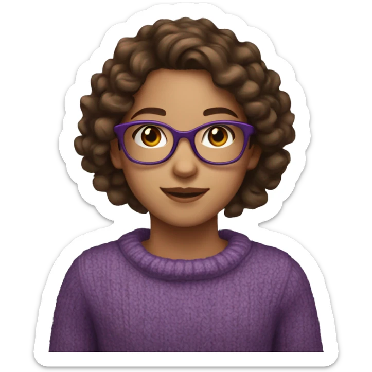 young girl, young hispanic, brown hair, long curly brown hair, brown eyes, purple winter sweater, glasses sticker