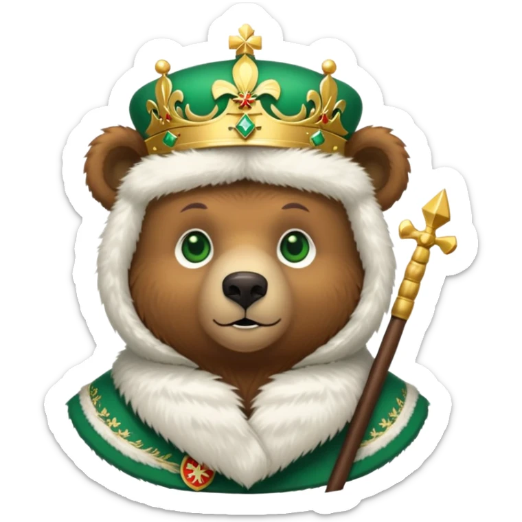 Adorable brown bear with green eyes, white furry ushanka, detailed Russian Federation emblem with golden double-headed eagle, three crowns, scepter and orb, St. George on chest shield, minimalist iOS emoji style sticker
