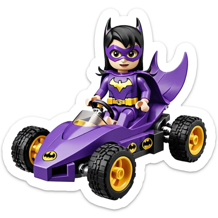 full size real size-appearance electric road racing sexy BatGirl’s feminine midnight-colored tight outfit sixty’s tv show Lego dark stealthy sporty safe plush deluxe off-road pursuit cruiser car rose gold accents (black hair,reclined and relaxed torso and shoulders seating position) go kart  sticker