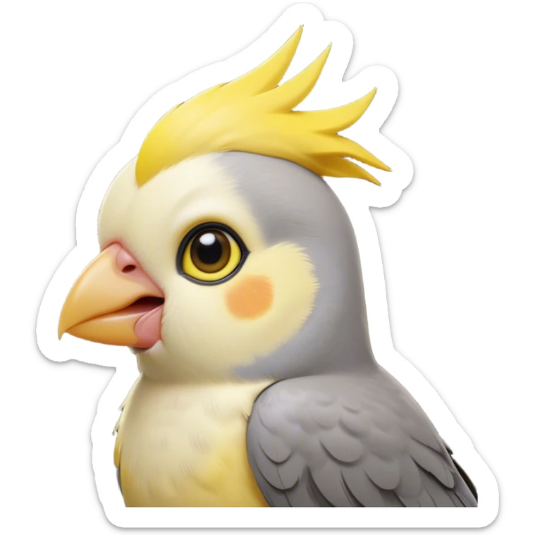 Cinematic Cute Cockatiel Portrait Emoji, Head tilted playfully and inquisitively, featuring a smooth grey fur with bright yellow accents and a perky crest, round, sparkling dark eyes filled with curiosity, Simplified yet irresistibly adorable features, highly detailed, glowing with a warm, friendly glow, high shine, affectionate and lively, stylized with a touch of whimsy, bright and endearing, soft glowing outline, capturing the essence of a mischievous yet loving cockatiel, so playful it feels like it could chirp out of the screen and into your arms! sticker