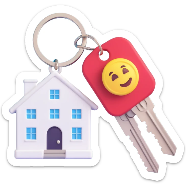 white keychain with a house-shaped key fob, 3D Emoji style, pure white color, soft shadows and highlights, transparent background, no decoration, with two keys sticker