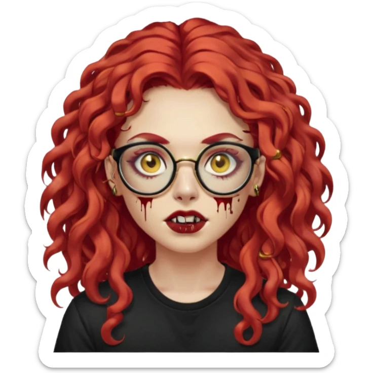 nonchalant zombie with long red curly hair, thick lashes, black square glasses, gold nose piercings on each side of her nose, and a gold eyebrow piercing. sticker