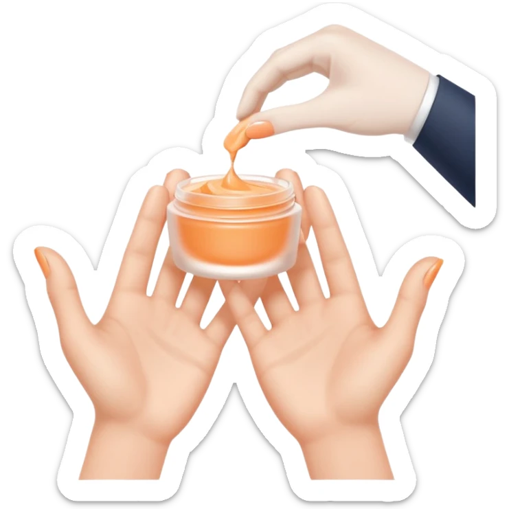 Minimal emoji of 2 hands gently applying skincare cream, soft nude and peach tones, clean beauty aesthetic, calm and elegant, subtle glow sticker