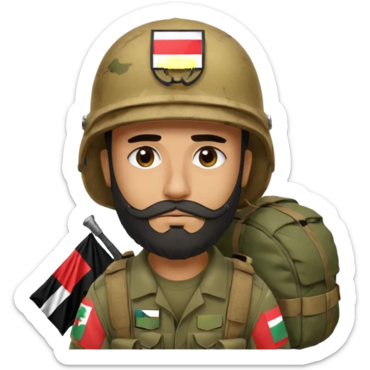 A very tired and sad, swarthy Iraqi soldier with a beard, an Iraqi flag on his helmet, a sad expression and bags under his eyes sticker