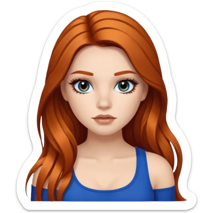 Pale girl with long black/brown hair with ginger streaks,wearing fake lashes,latina baddie makeup and a blue crop top sticker