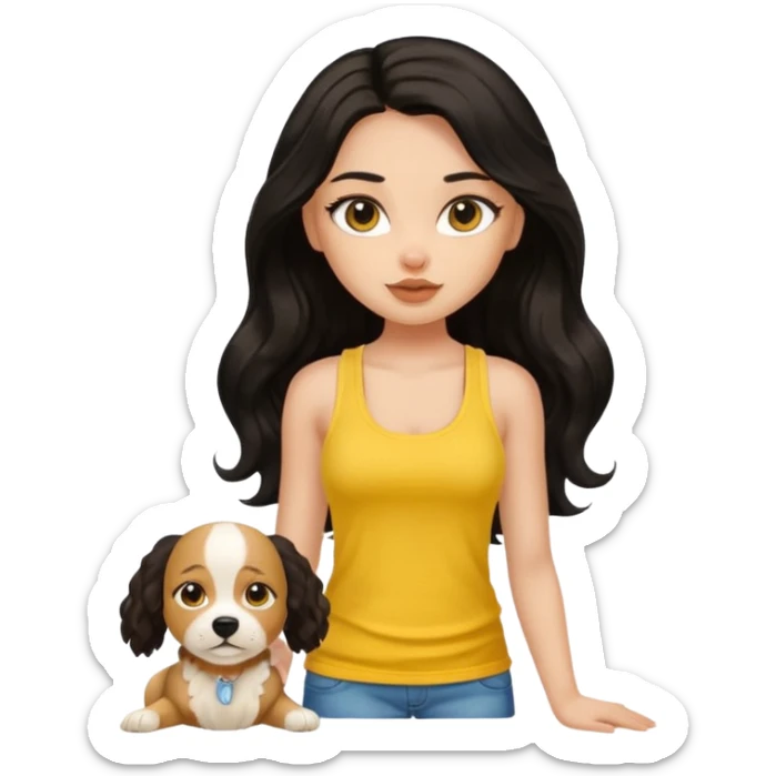 brown pretty bratz girl with long wavy black hair, wearing a yellow tank top with a dog sticker
