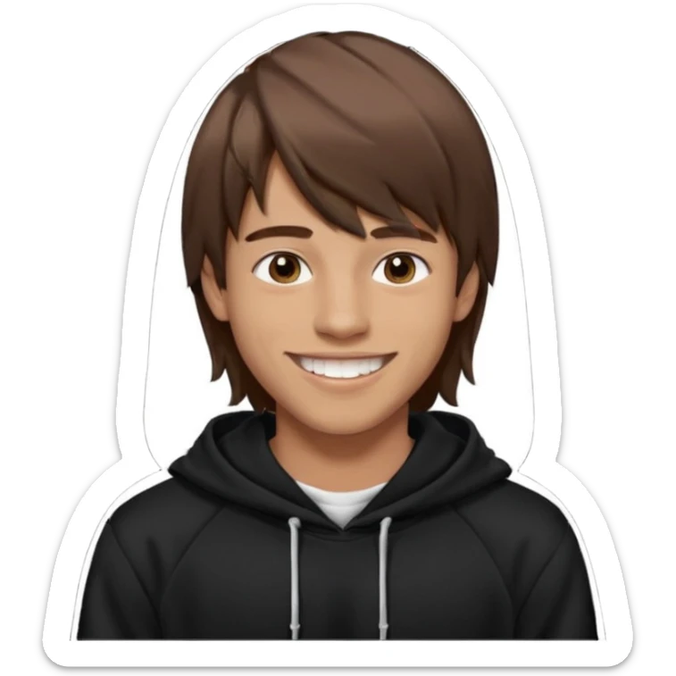 20 yr old man, brown hair, straight, big smile, white teeth, tanned skin, bangs, black hooded sweatshirt, long hair in back, middle parted bangs sticker