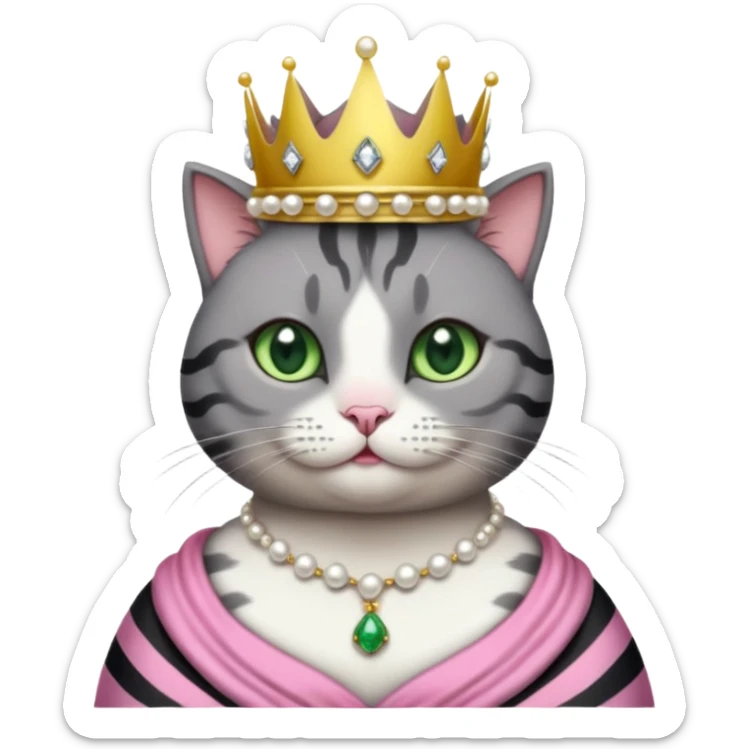 Gatito gris oscura con rayas negras ojos verdes vestida de reina con coronas y diamantes, más peluda y gordita  sticker