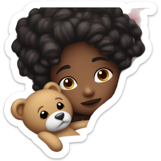 white girl with dark black hair cuddles with teddy bear in a pink fluffy blanket  sticker