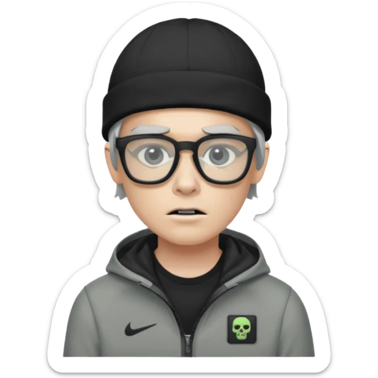 Hazme un zombie con gafas cuadradas y el marco negro y un gorro negro y un saco Nike tech gris sticker