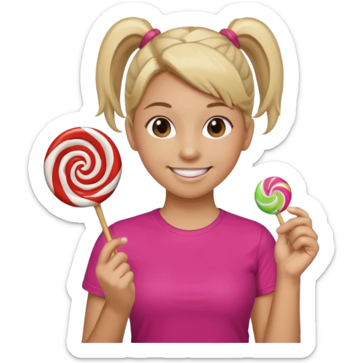 Using this emoji 🥹 make me one with ponytail hair holding a lollipop in each hand sticker