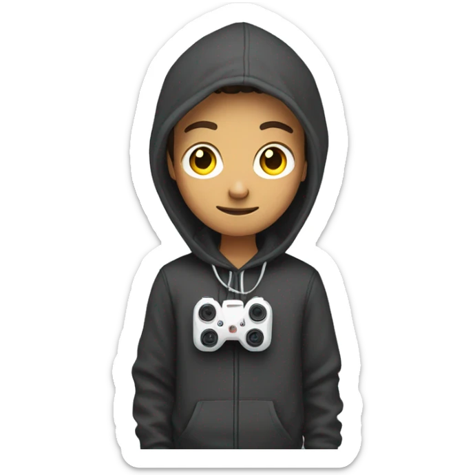 full body, male teenager in hoodie standing, holding a drone controller sticker