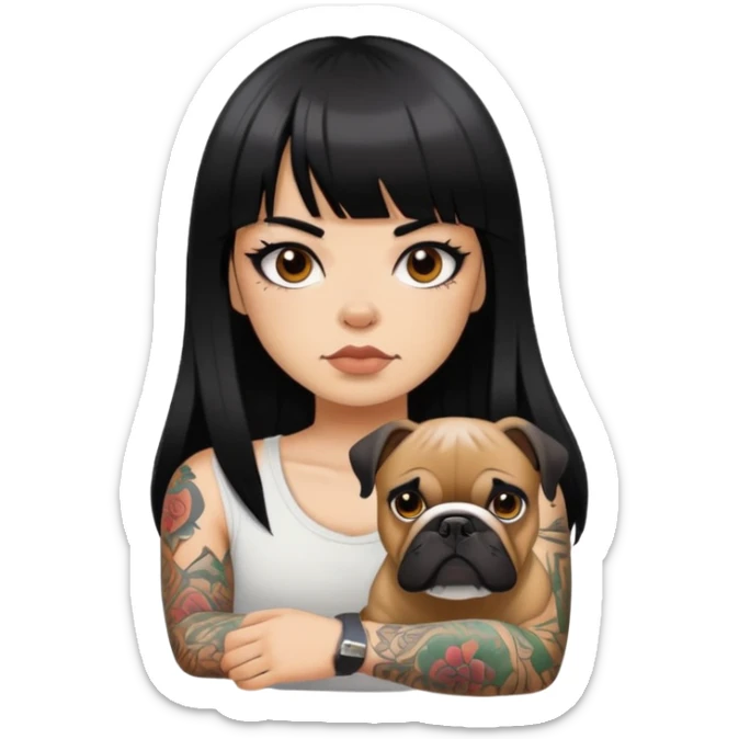 girl with long black  straight bangs hair and tattoos and a Black haired bulldog sticker