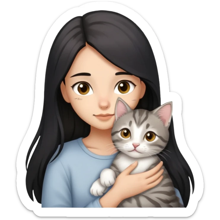  girl with black long hair, light-medium skin, brown eyes snuggling light grey tabby kitten sticker