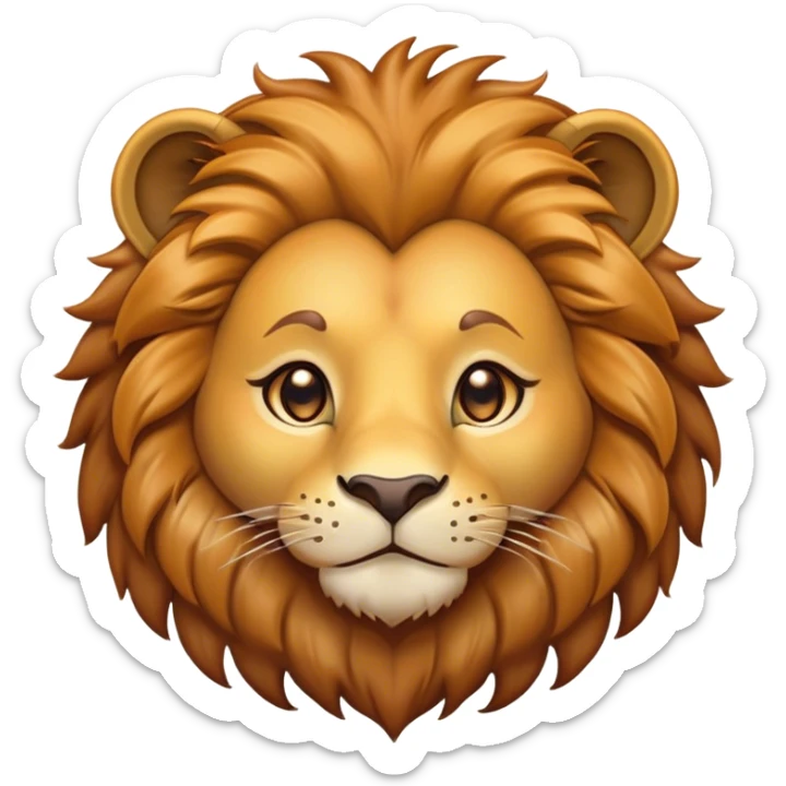 Cinematic Cute Lion Portrait Emoji, Head tilted playfully and inquisitively, featuring a glossy tawny Fur with a lush mane and round, sparkling amber eyes filled with curious mischief, Simplified yet irresistibly adorable features, highly detailed, glowing with a warm, friendly glow, high shine, affectionate and spirited, stylized with a touch of jungle whimsy, bright and endearing, soft glowing outline, capturing the essence of a mischievous yet loving lion, so playful it feels like it could pounce out of the screen and into your arms! sticker