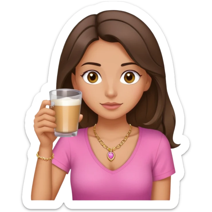 brunette girl with hazel eyes drinking latt, hair just below shoulder length and wearing a pink shirt, also with a necklace  sticker