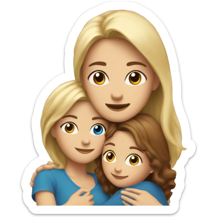 Mother with blonde hair blue eyes, hugging daughter with brown hair hazel eyes sticker
