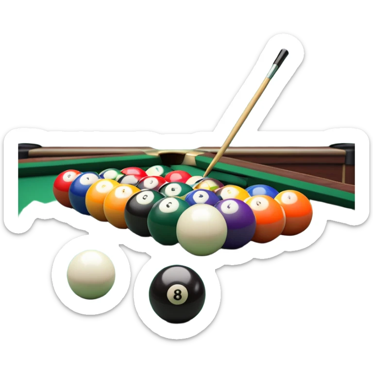 A close-up of a billiard table with a cue stick lined up to strike a colorful set of balls. The focus is on the precision of the shot, with the table’s green surface and the triangular arrangement of balls, creating a dynamic scene of strategy and concentration in the game of billiards. sticker