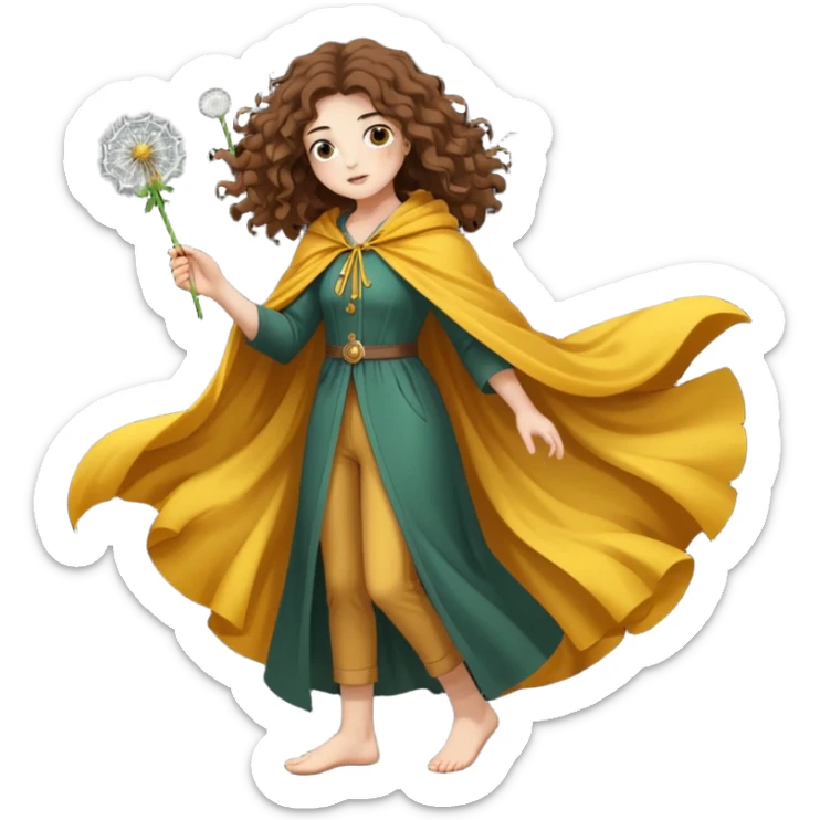full body woman long curly brown hair brown eyes white skin tattoos dandelion seed cloak blowing apart around her sticker
