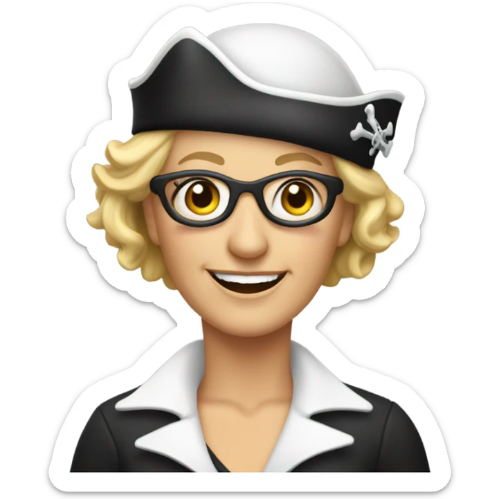 smiling older white woman with eye patch and earrings and short blond hair wearing  pirate hat sticker