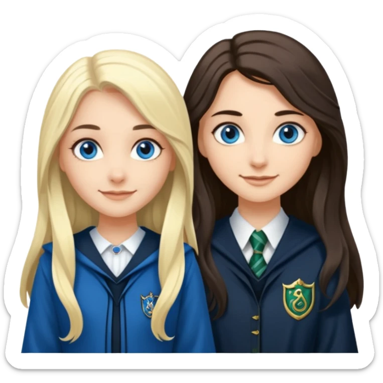 a pretty ravenclaw girl with long dark brown hair and blue eyes standing with a hot Slytherin girl with long blonde hair, blue eyes sticker