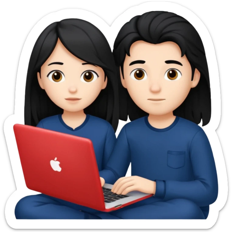 black haired boy and long haired girl in navy blue pajamas , watching movie on laptop sticker