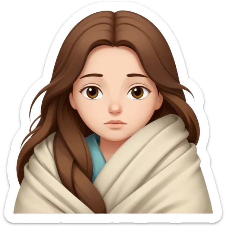 Sleepy girl with long brown hair wrapped like a burrito in a blanket, eyes half-open elegant colors  sticker