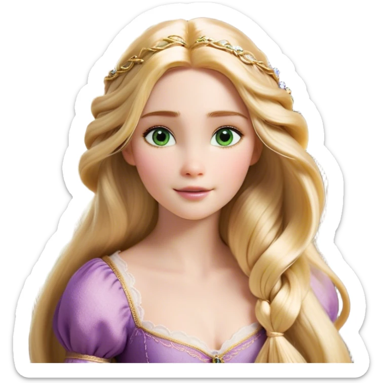 Cinematic Realistic Rapunzel Portrait, with porcelain-like skin featuring a subtle, natural glow, illuminated by soft lighting that brings out the gentle contours of her face. Her long, golden blonde hair cascades in detailed waves, each strand highlighted with a radiant shimmer as it catches the light. Her bright, expressive green eyes exude curiosity and warmth, framed by delicate lashes and soft, arched brows. Her expression is playful and vibrant, with a gentle smile. She is dressed in her classic lavender and pink gown, the fabric textured with delicate folds that flow naturally, catching the light with a soft, radiant glow. The portrait captures a luminous, enchanting aura, seamlessly blending realism with a whimsical, fairytale charm, evoking a timeless sense of beauty and magic. sticker
