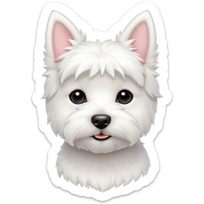 Cinematic Cute West Highland White Terrier Portrait Emoji, Head tilted playfully and inquisitively, featuring a fluffy, immaculate white coat with perky ears, round, sparkling dark eyes filled with curiosity, Simplified yet irresistibly adorable features, highly detailed, glowing with a warm, friendly glow, high shine, affectionate and lively, stylized with a touch of whimsy, bright and endearing, soft glowing outline, capturing the essence of a mischievous yet loving pup, so playful it feels like it could bound out of the screen and into your arms! sticker