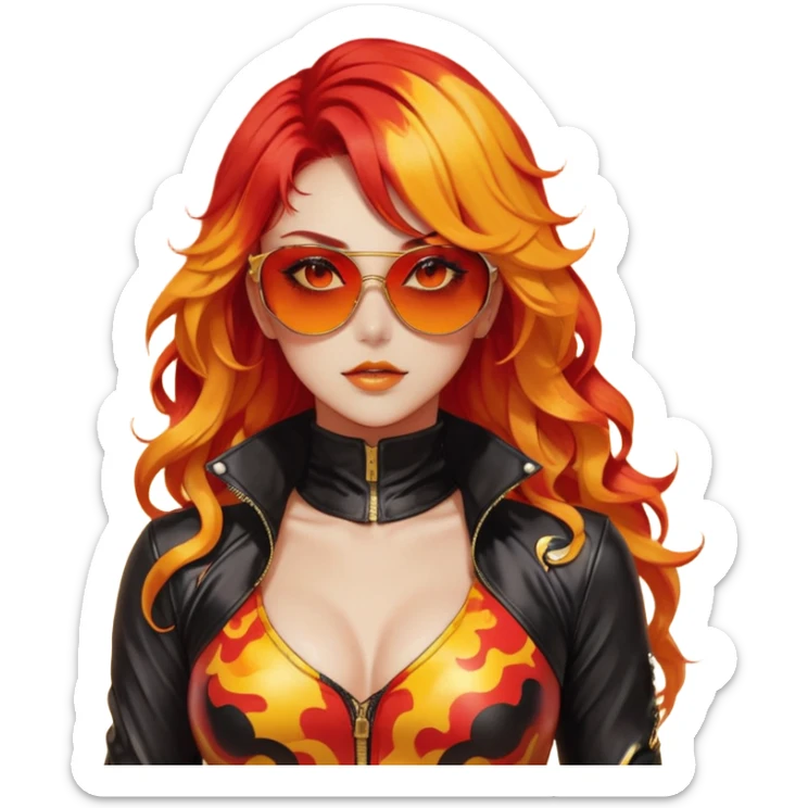 Beautiful gorgeous anime lady with beautiful fiery fiery-warm-red-orange-yellow-gradient-wavy-special-hair, fashion aesthetic, black sunglasses, accessories, gold jewelries, red-and-yellow sunny-pattern-eyes, black latex-suit, biker-woman, cool, badass sticker