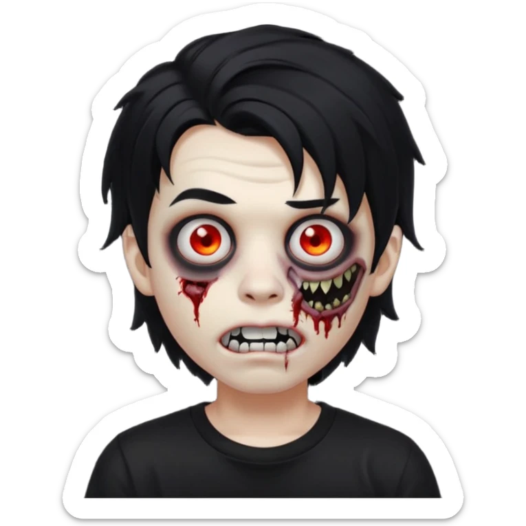 a boy with wavy hair, a zombie-shaped mouth piercing hum, and black hair with a black shirt too, and medium-length, wavy black hair, almost shoulder-length, with a lip piercing. with white skin sticker