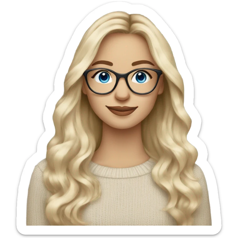 Blue eye long blonde balayage hair white woman beige sweater wearing glasses happy sticker
