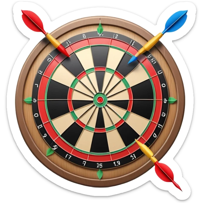 A dartboard with darts firmly stuck in the bullseye, surrounded by the colorful sections of the target. The background conveys a competitive atmosphere, with a subtle focus on precision and skill in the game of darts. sticker