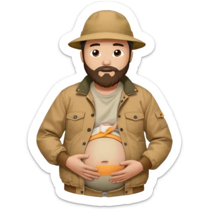 Bearded man rubbing pregnant belly poking out of shirt wearing a tan canvas carhartt jacket with  chinese hat on sticker