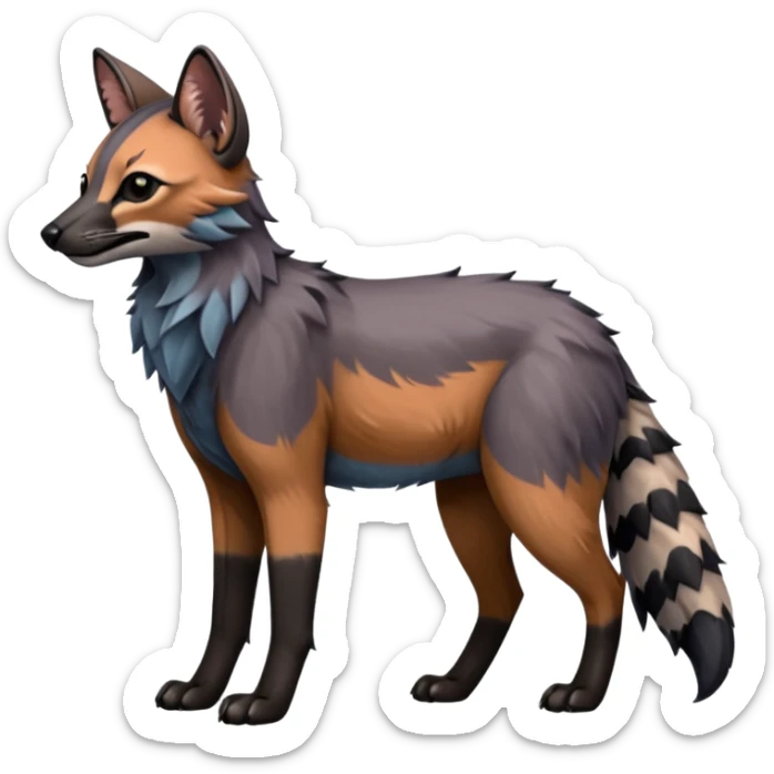 Realistic edgy bluish greyish blackish whitish silvery coppery Shiny Colorful Dusky Dark Gloomy Glossy Aardwolf-Maned-Wolf-Caracal-Lion-Bobcat-fusion-animal-hybrid-creature, full body, tufted ears, long thin tufted tail sticker