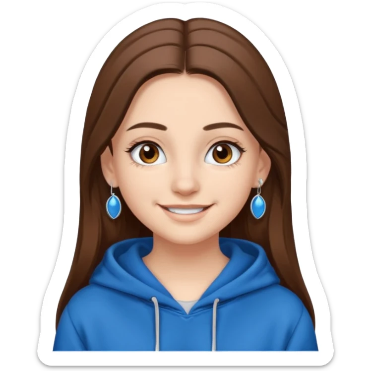 teen girl, white skin, long brown hair middle parted, brown eyes, blue hoodie eyelashes and earrings sticker