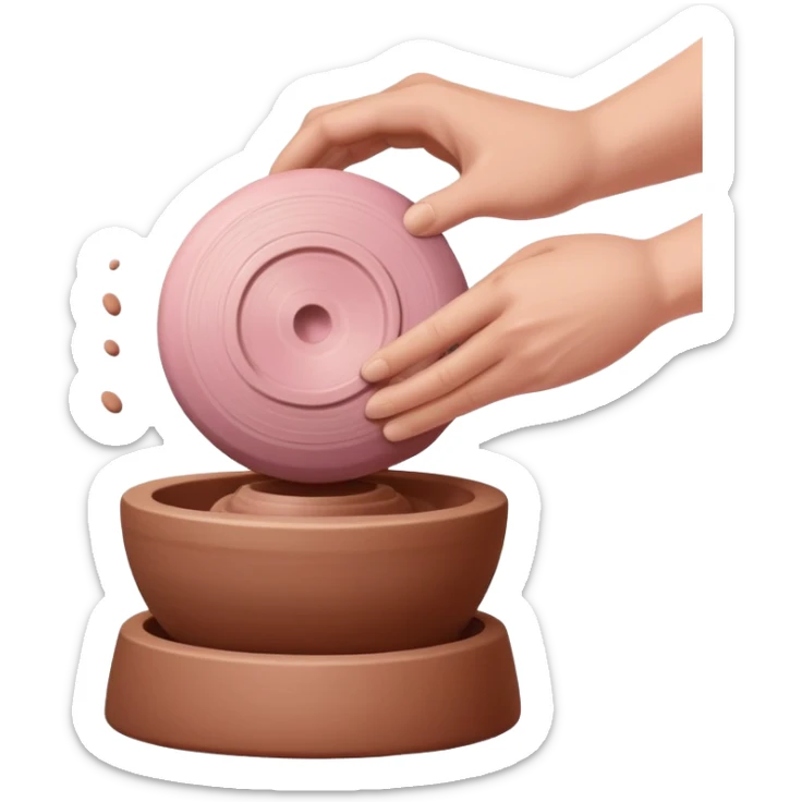 one hand throwing a pink ball of clay onto a completely empty pottery wheel with no pottery or other clay on it sticker