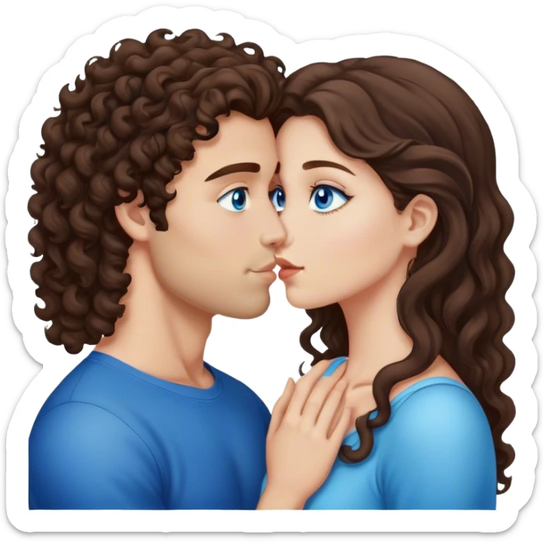 Caucasian guy with Curly brown hair and brown eyes kisses a beauty brunette with long straight hair and blue eyes sticker