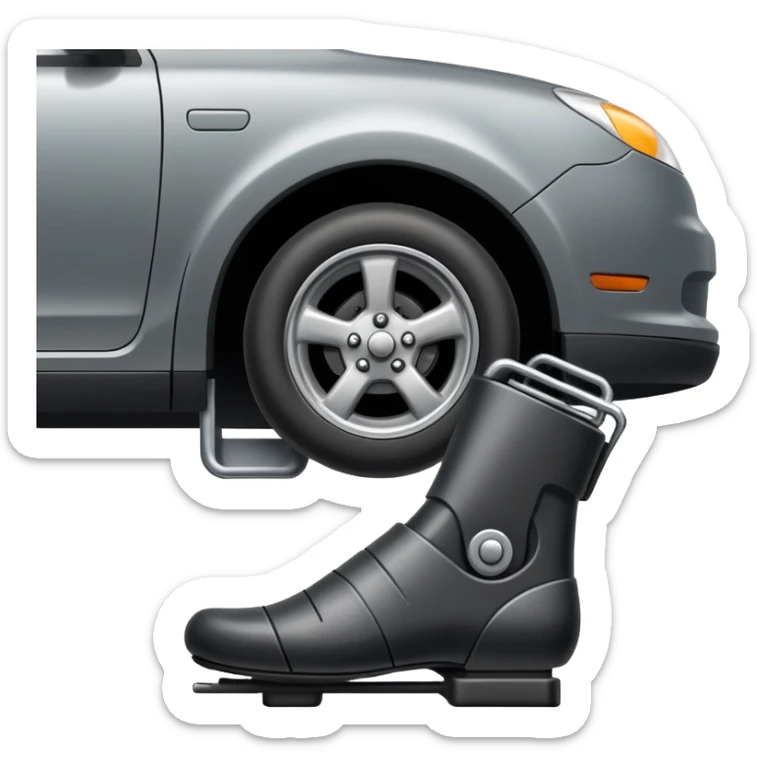 side view close up of a car's brake pedal with a foot on it sticker