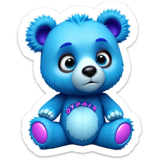 3D, adorable little Pixar style blue neon punk bear with broken toy, ultra detailed, each lash, eye, and strand of fur is shown in stunning detail as though captured in a timeless photograph, rich textures, visually rich, so lifelike it feels like it could leap off the page at any moment sticker