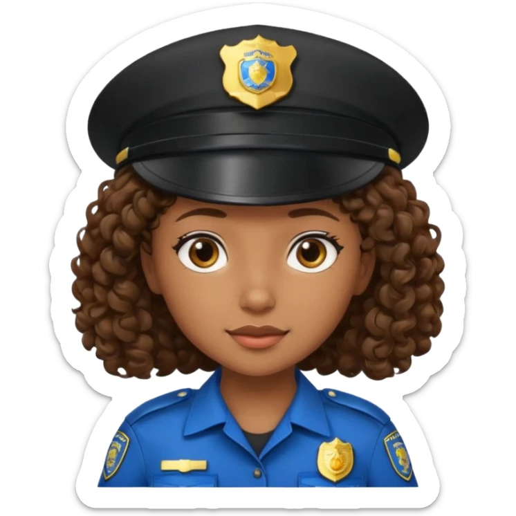 a cartoon-style avatar of a girl police officer with curly brown hair, wearing a black cap sticker