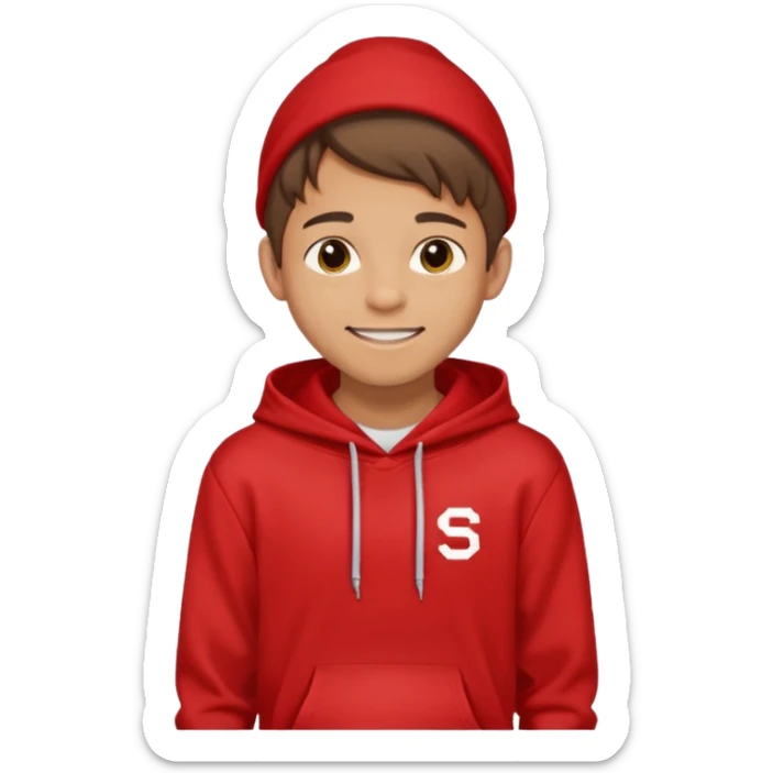 make me an emoji of an americain 19 yearold boy in a red hoodie that says "south" on it and give him with tan skin with his hands in his pockets with the sleevs pulled up grining with a jaw line  sticker