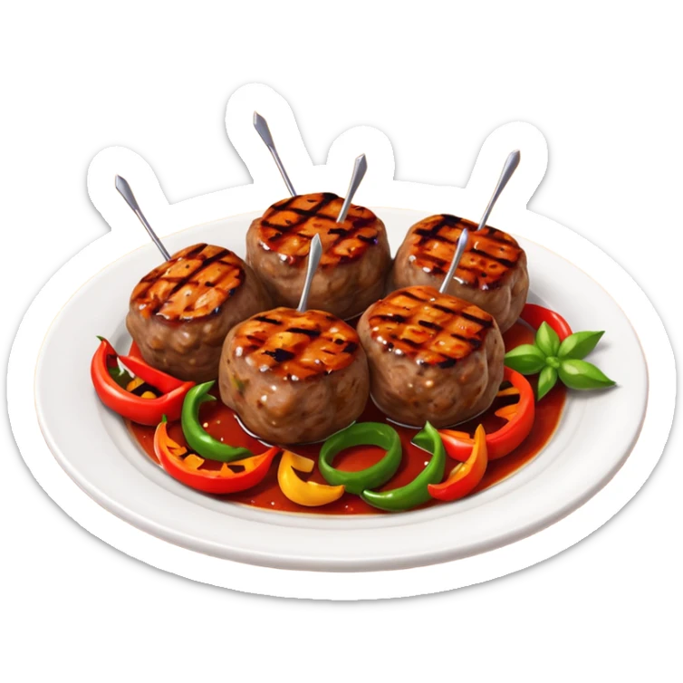 Akçaabat meatballs object icon, grilled Turkish kofte pieces on a plate, smoky char marks, juicy texture, served with grilled peppers and tomatoes, 3D cartoon, mobile game icon style, centered, clean background, no text, no watermark
 sticker